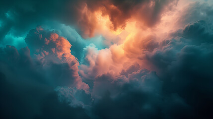 Sky with clouds stormy background, blue thunderclouds with pink rays of the setting sun shining through, backdrop for design