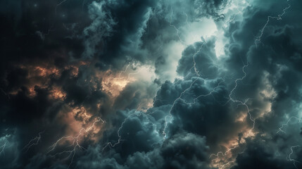 Fototapeta premium Thunderstorm background, lightning and clouds backdrop 
