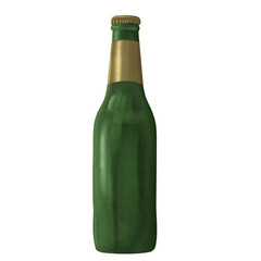 A bottle of beer illustration isolated on transparent background. Hand drawn watercolor green glass bottle of beer in realistic style, place for text.