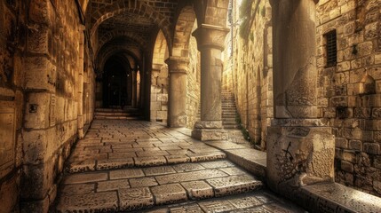 Obraz premium Jewish Jerusalem: Ancient Alley in the Historic Quarter with Vintage Color Tones