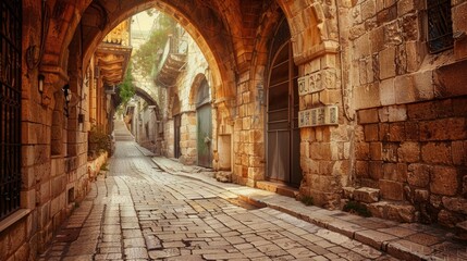 Fototapeta premium Jewish Jerusalem: Ancient Alley in the Historic Quarter with Antique Architecture and Cobbled Streets