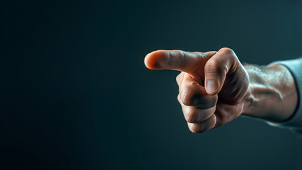 Right hand pointing forward gesture. Side view. Expressive photo with dark background with place for text and logo