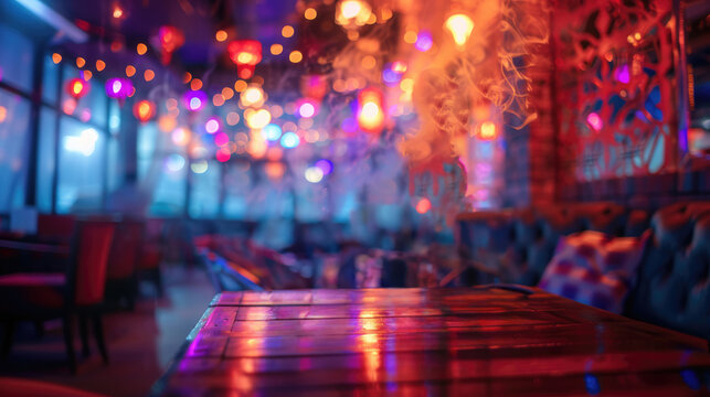 Photograph of a wooden table, against the backdrop of a bright luxurious neon lighted hookah lounge. Soft smoke rises into the air, multicolored lights are reflected from plush chairs and rich restaur