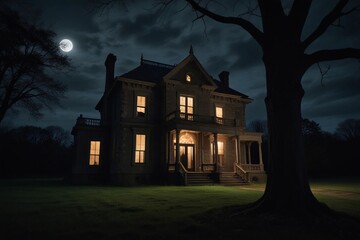 "Haunted Mansion on All Hallows' Eve: Moonlit Gothic Setting" ar 3:2
