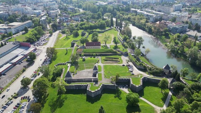 Captivating aerial video of Kastel, a medieval fort located on the bank of river Vrbas in Banja Luka, the capital of Republic of Srpska, Bosnia and Herzegovina
