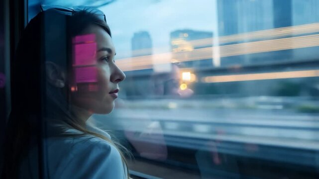 A woman stand on a bus, looking out the window at a bustling city during her evening commute