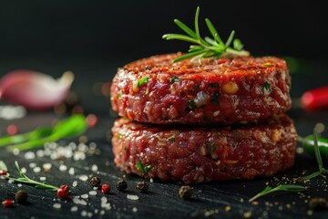Burger Raw. Close-up of Homemade Beef Steak Burger with Spices on Black Background