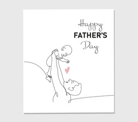 Vector one line drawing greeting card for Happy Father Day. Vector illustration of father holding a new born baby in oneline style on white background