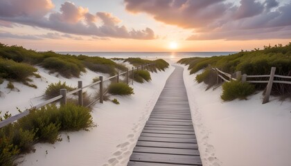 Fototapeta premium A Long boardwalk leading to the white sand beach and ocean water at sunset with few shrubs on sides