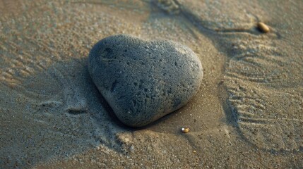 Obraz premium Heart Shaped Rock on Sandy Beach. Perfect Valentine's Day Love Symbol