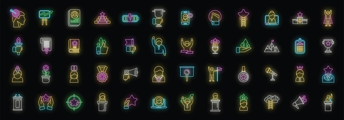 Motivational speaker icons set outline vector. Human seminar. Speech orator neon color on black