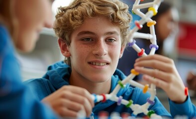 Teenage student engaged in building molecular model during science class