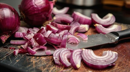 A knife rests amidst scattered pieces of freshly sliced red onions on a wooden chopping board, capturing the essence of culinary preparation and the symmetry of the onion layers.