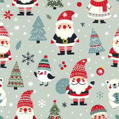 Simple vector seamless pattern for kids with Santa, Christmas tree and snowflakes. Christmas print for wrapping paper, Christmas cards, scrapbooking