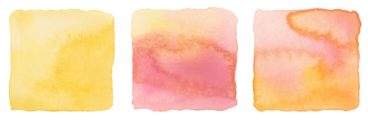  Ink watercolor hand drawn square stain blot. Wet Yellow, pink pastel color paper texture...