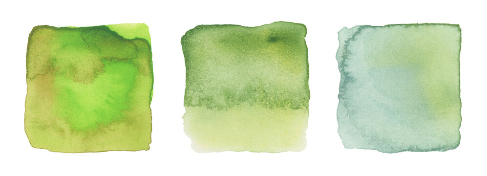Fototapeta PNG Ink watercolor hand drawn square stain blot. Wet green color paper texture background. Set.