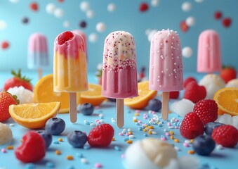 Playful Popsicle Illustration in Bright Geometric Patterns on Vivid Blue Background