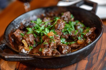 Braised beef and lamb offal in cast iron dish