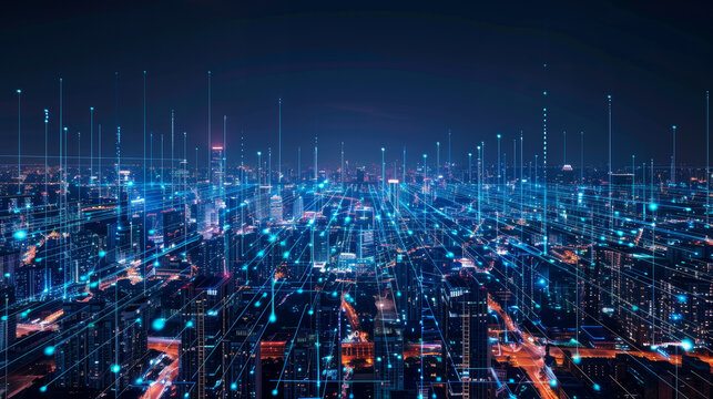 High-tech cityscape with holographic fiber internet line connections illustrating cutting-edge digital infrastructure. City skyline with futuristic holographic fiber internet connection.