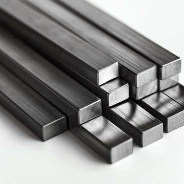 Stainless steel square bars arranged in parallel on a white background, emphasizing their precise machining and industrial quality, suitable for engineering visuals
