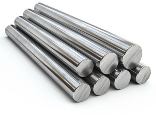 A set of cold rolled aluminum bars in varying diameters, isolated on white, showcasing the reflective surface and clean edges, perfect for high-tech and construction themes