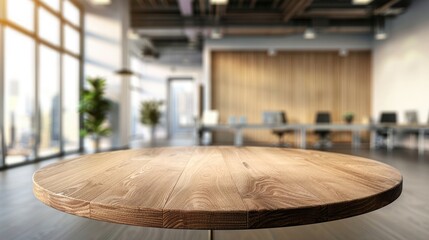 Perfect for business and presentations, round wooden tabletop counter with a blurred modern office background. Empty round wood tabletop counter