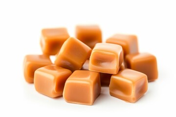 Caramel candies made with milk on white background