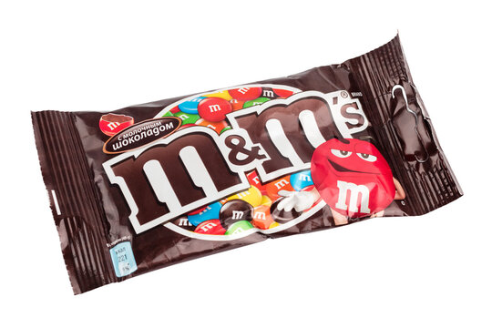 Packaging of M and Ms chocolate candies produced by Mars, Incorporated. Isolated object on transparent background