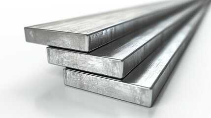 Close-up shot of polished steel flat bars, isolated on white background, highlighting the smooth texture and metallic sheen, ideal for industrial and construction visuals