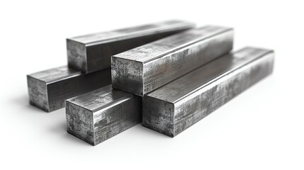Close-up shot of polished steel square bars, isolated on white background, highlighting the smooth texture and metallic sheen, ideal for industrial and construction visuals