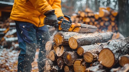 Fototapeta premium A person clad in an orange jacket is actively using a saw to cut through an arrangement of snow-covered wooden logs outdoors symbolizing hard work and cold conditions.
