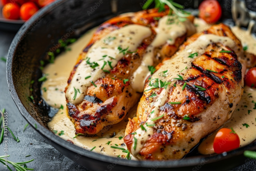 Wall mural chicken breast cooked in skillet with creamy sauce