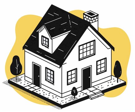 recommend clip art: A minimalist black and white illustration of a house with a yellow background accent. The drawing features a classic two-story home with a pitched roof, chimney, front door, and windows.