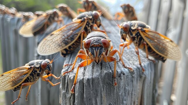 A detailed close-up of cicadas clustered on a wooden fence post, highlighting the anatomical features, vibrant colors, and wings of these fascinating insects in a natural habitat.