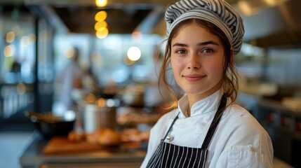 A young professional chef in a bustling kitchen environment, exuding confidence and pride in her culinary skills, with cooking tools and ingredients around her.