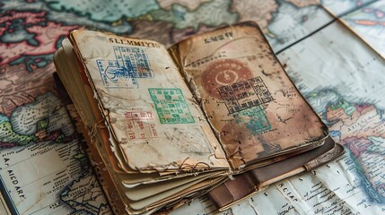 A worn passport with colorful stamps from various 90s travel destinations rests on a map dotted with handwritten travel notes