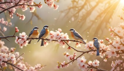 Obraz premium Flock of birds are singing happily on the branches of a tree with spring flower blossoms and sun light , spring season elegent background
