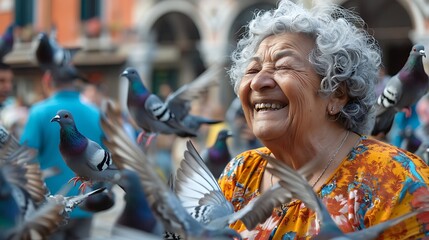 A senior woman in a brightly colored dress laughs as a flock of pigeons gathers around her open bag of bread crumbs in a historic European square