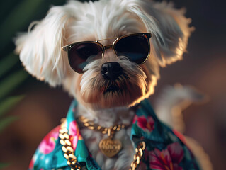 Photorealistic, miami vice style, Maltese dog, sunglasses, floral shirt, gold chain A cute white maltese dog in summer outdoors