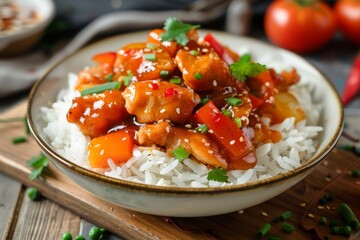 Chinese sweet and sour chicken with rice and vegetables on wood board