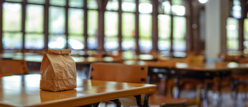 School lunch - a school lunch in a brown paper bag in a school cafeteria. Responsive design series, horizontal banner