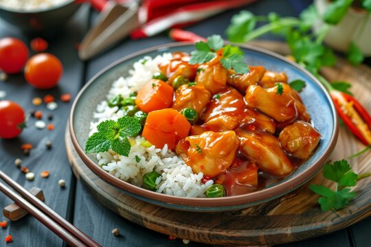 Chinese sweet and sour chicken with rice and veggies on wooden board