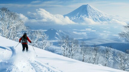 A lone skier glides down a snowy mountainside with a majestic snow-capped volcano in the background