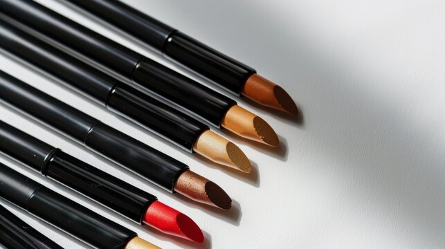 A Row Of Black And Colored Makeup Sticks On A White Surface