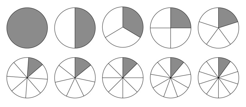 Set of fractions icons Percentage illustration circle pie parts from one tenth to whole fractions portion concept definition of unit fraction circle fraction pie isolated on white background