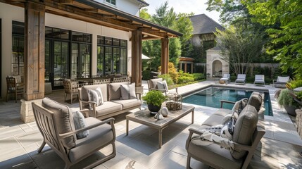 Fototapeta premium Modern Patio Furniture Arrangement Near a Swimming Pool on a Sunny Day