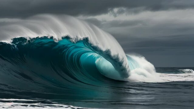 Powerful waves of ocean. Beautiful seascape. View of azure ocean and giant waves