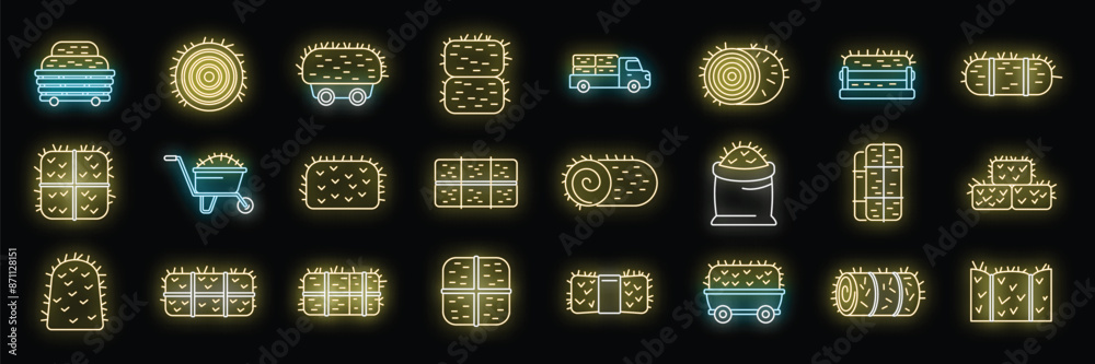 Sticker Bale of hay icons set outline vector. Agriculture bale. Dried haystack neon color on black