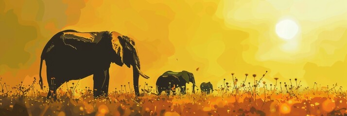 World Elephant Day. Silhouettes of an elephant and a baby elephant against a sunset background. Horizontal banner, free space for text. Wildlife protection and animal conservation concept