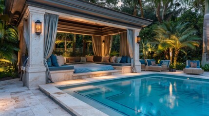 Luxury Patio With Pool And Outdoor Bed At Night